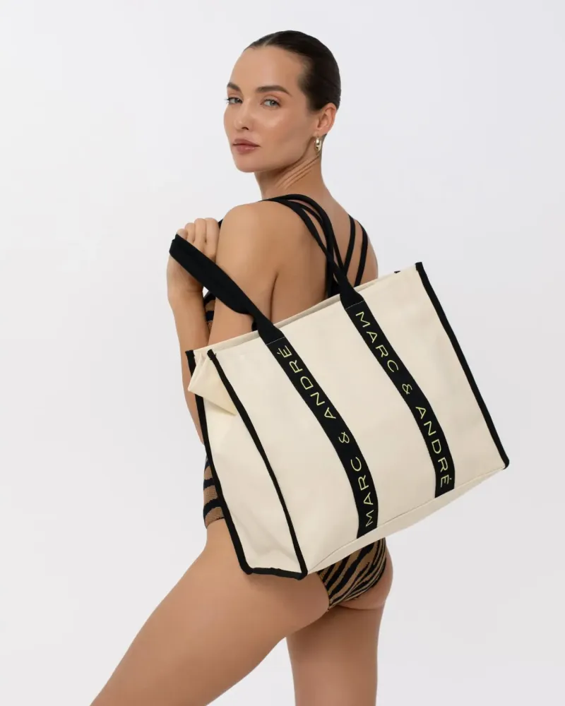 Плажна  памучна чанта Бежово/Черно от Marc & Andre