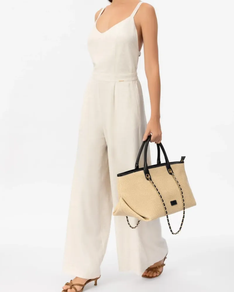 Елегантна чанта с верижка в цвят натурал