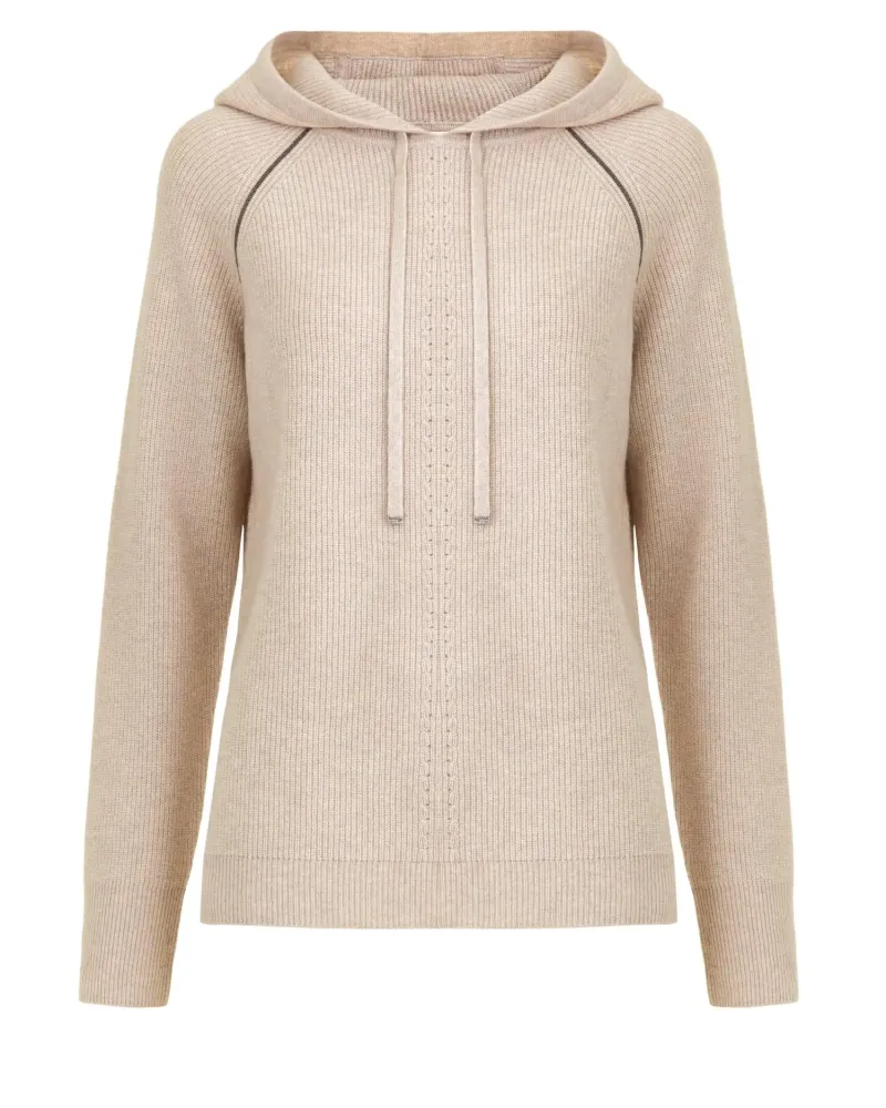 Кашмирен пуловер с качулка беж QUIET MOTION