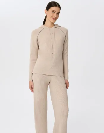 Кашмирен пуловер с качулка беж QUIET MOTION