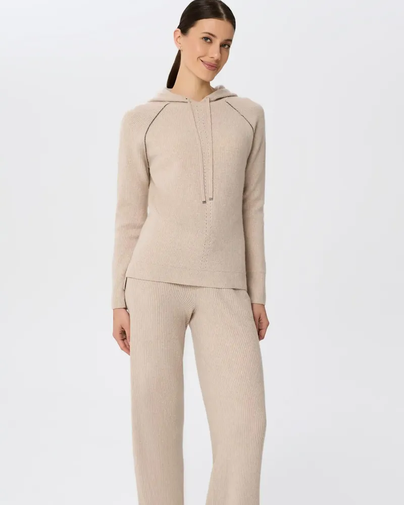 Кашмирен пуловер с качулка беж QUIET MOTION