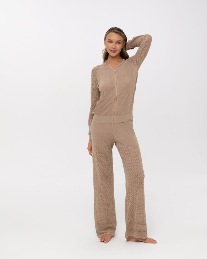 Луксозен плетен панталон с декоративни плетки Palazzo Pearl TAUPE