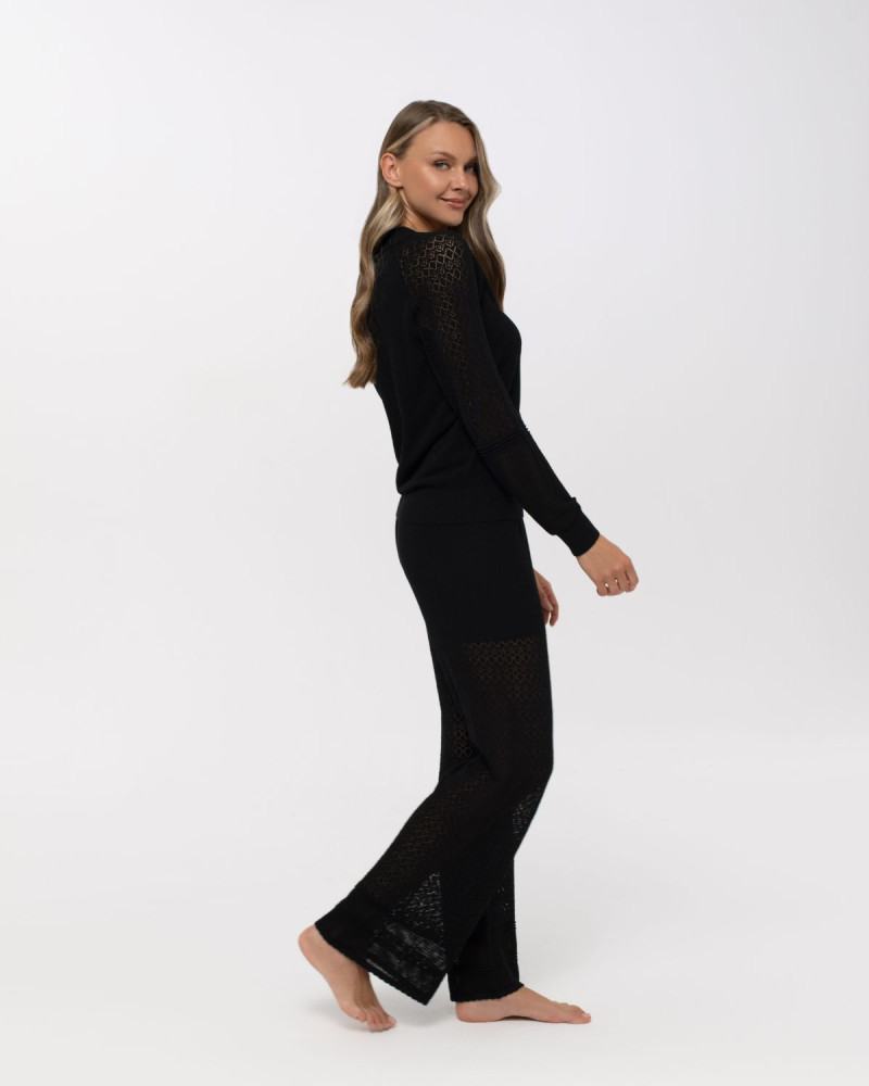 Луксозен плетен панталон с декоративни плетки Palazzo Pearl BLACK