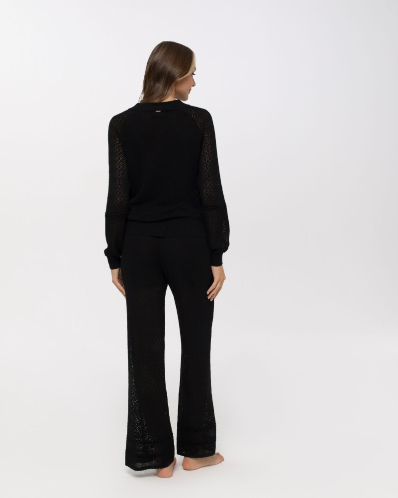 Луксозен плетен панталон с декоративни плетки Palazzo Pearl BLACK