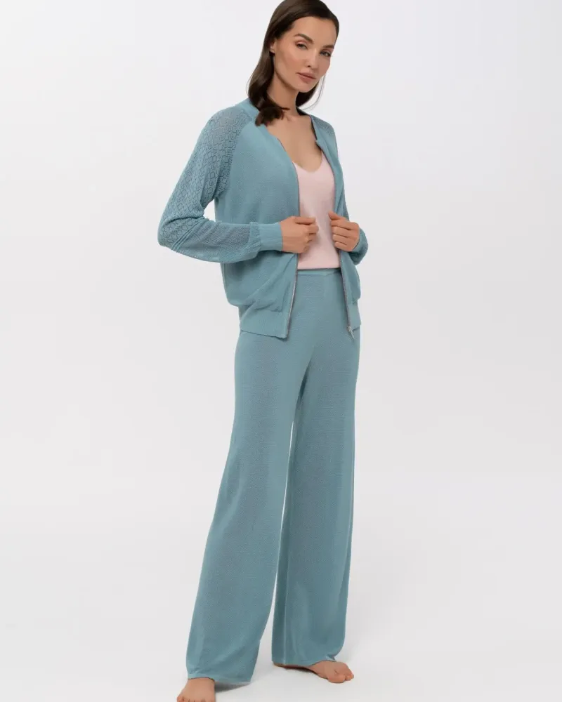 Луксозен плетен панталон с коприна Palazzo Pearl BLUE