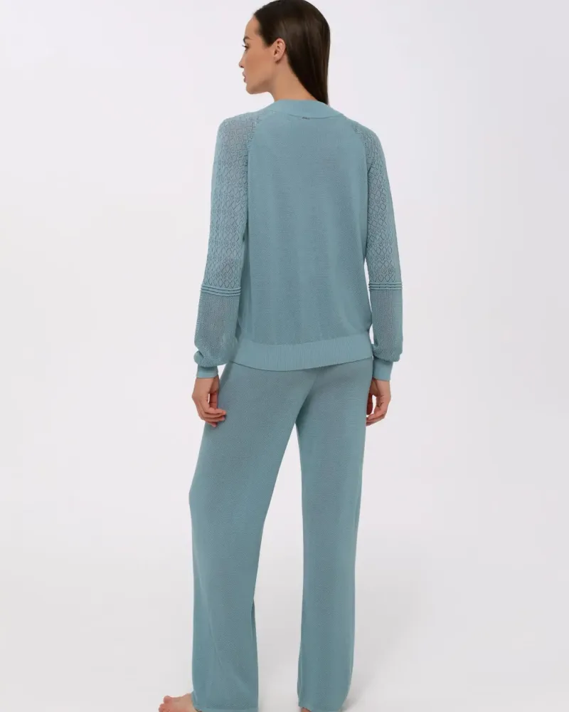 Луксозен плетен панталон с коприна Palazzo Pearl BLUE