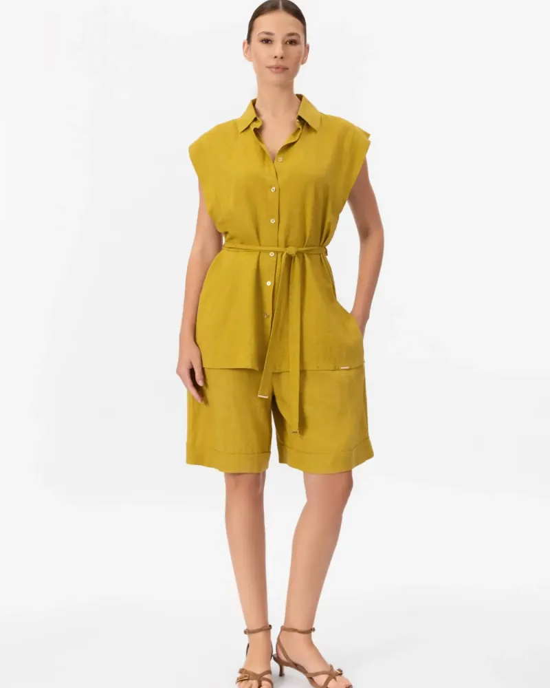 Елегантна ленена риза без ръкави в жълт цвят  Shiny Linen