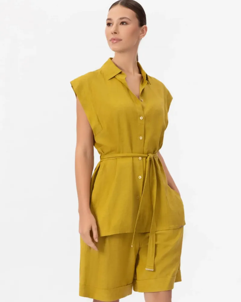 Елегантна ленена риза без ръкави в жълт цвят  Shiny Linen