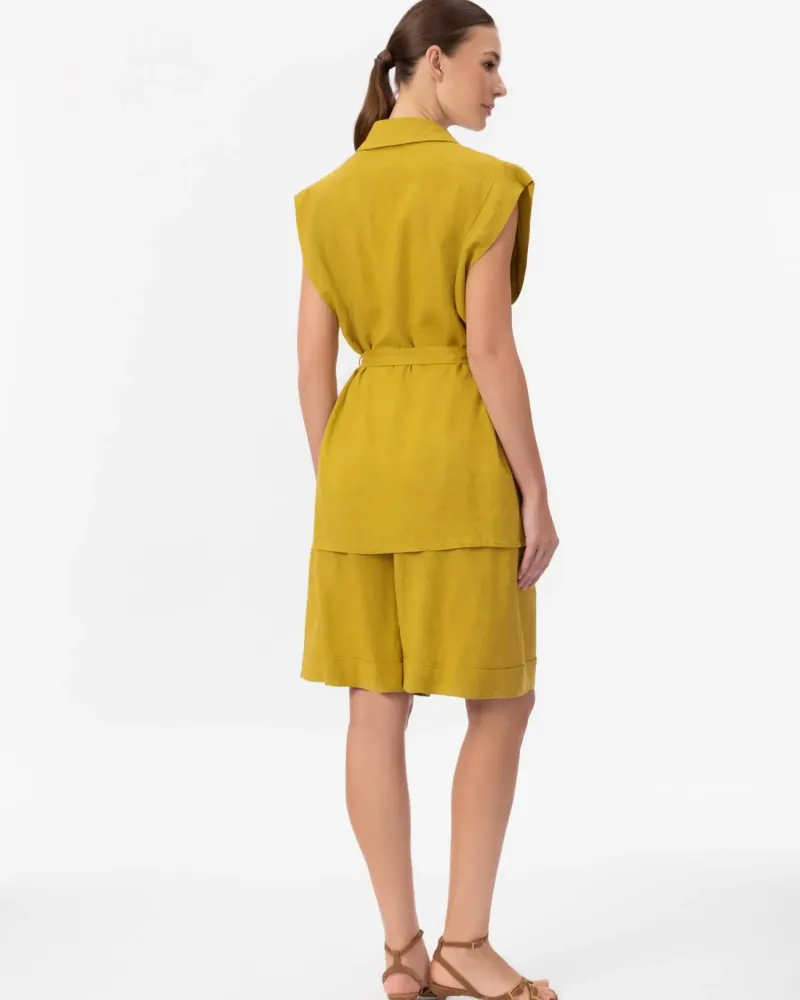 Елегантна ленена риза без ръкави в жълт цвят  Shiny Linen