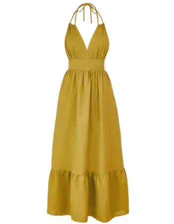 Елегантна ленена дълга рокля в жълт цвят Shiny Linen