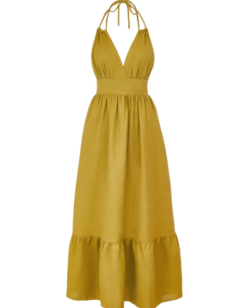 Елегантна ленена дълга рокля в жълт цвят Shiny Linen