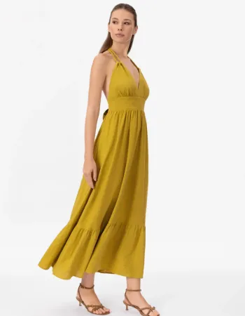 Елегантна ленена дълга рокля в жълт цвят Shiny Linen