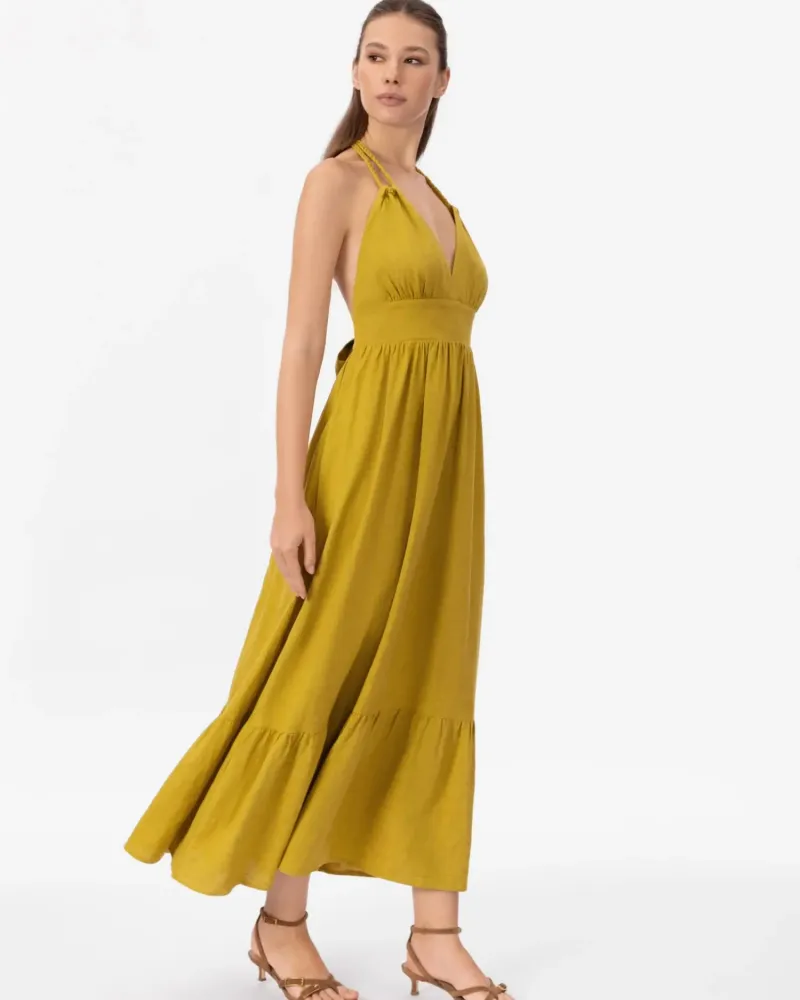 Елегантна ленена дълга рокля в жълт цвят Shiny Linen