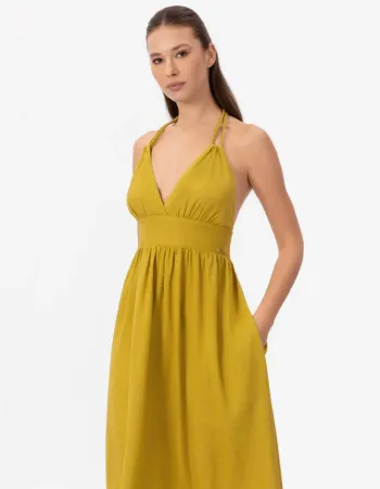 Елегантна ленена дълга рокля в жълт цвят Shiny Linen