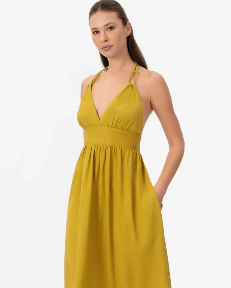 Елегантна ленена дълга рокля в жълт цвят Shiny Linen