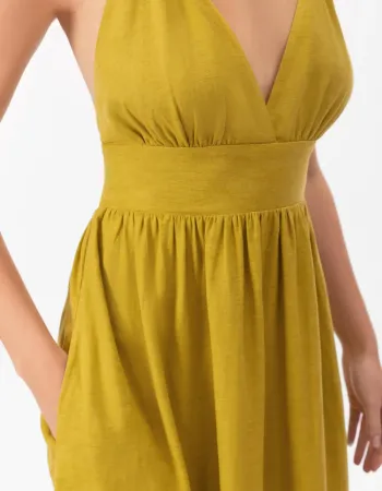 Елегантна ленена дълга рокля в жълт цвят Shiny Linen