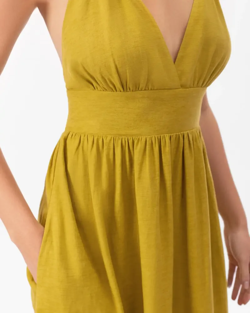 Елегантна ленена дълга рокля в жълт цвят Shiny Linen