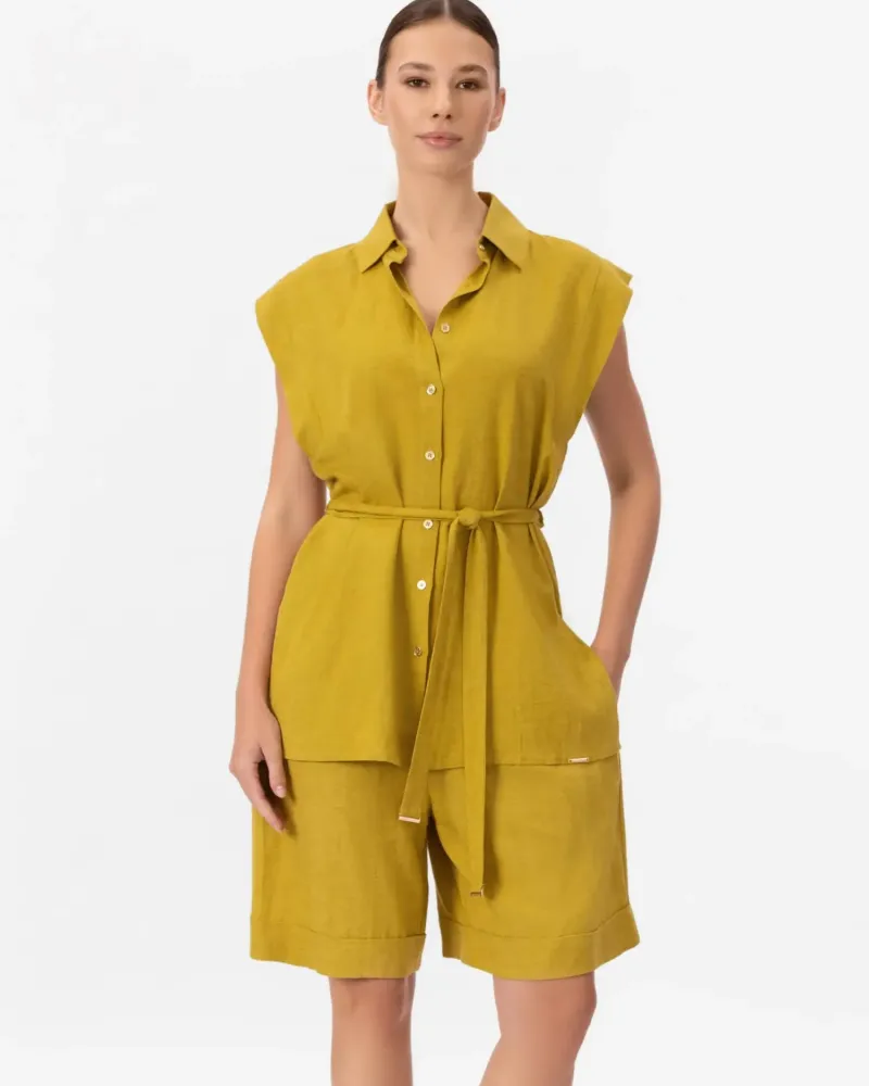 Къси ленени панталони в жълт цвят Shiny Linen