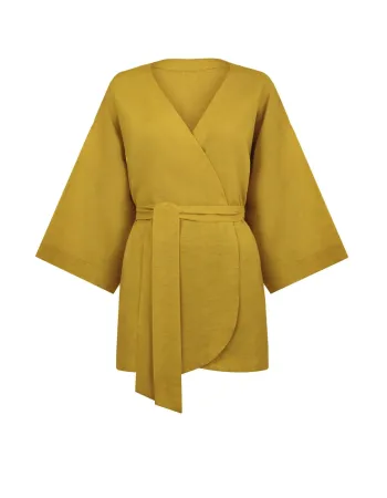 Късо ленено кимоно в жълто Shiny Linen