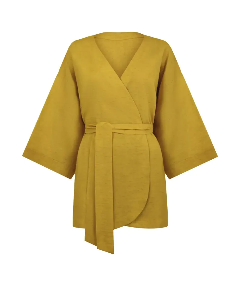 Късо ленено кимоно в жълто Shiny Linen