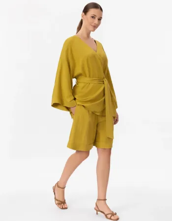 Късо ленено кимоно в жълто Shiny Linen