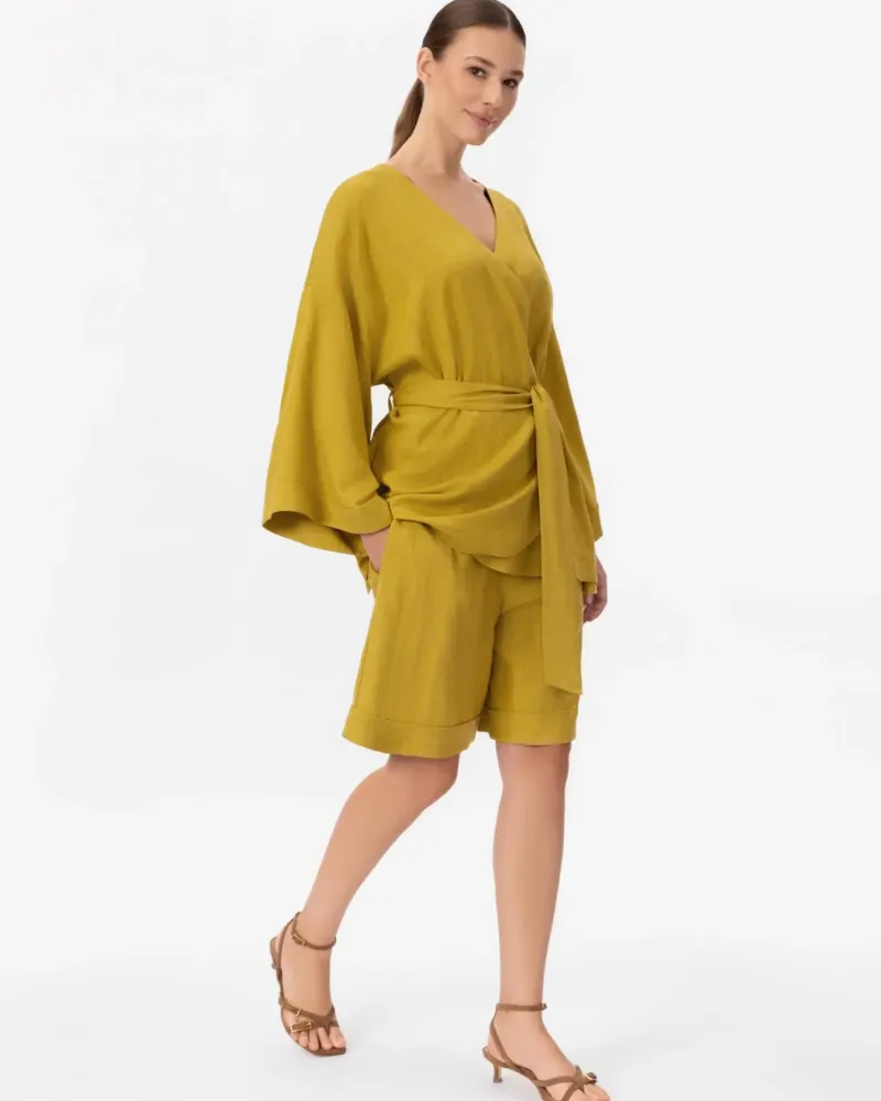 Късо ленено кимоно в жълто Shiny Linen