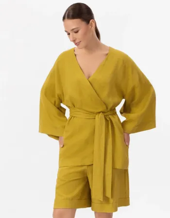 Късо ленено кимоно в жълто Shiny Linen