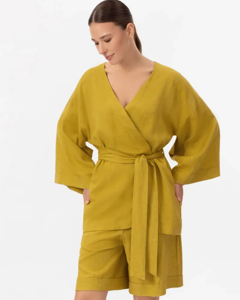 Късо ленено кимоно в жълто Shiny Linen