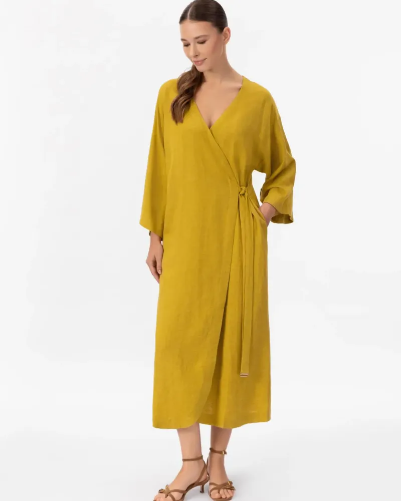 Дълго ленено кимоно в жълт цвят Shiny Linen