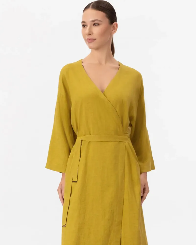 Дълго ленено кимоно в жълт цвят Shiny Linen