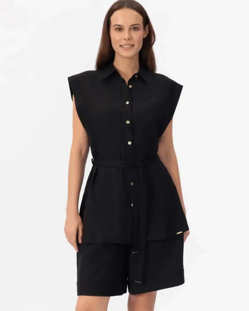 Елегантна ленена риза без ръкави в черен цвят  Shiny Linen