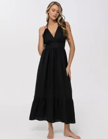 Елегантна ленена дълга рокля в черен цвят Shiny Linen