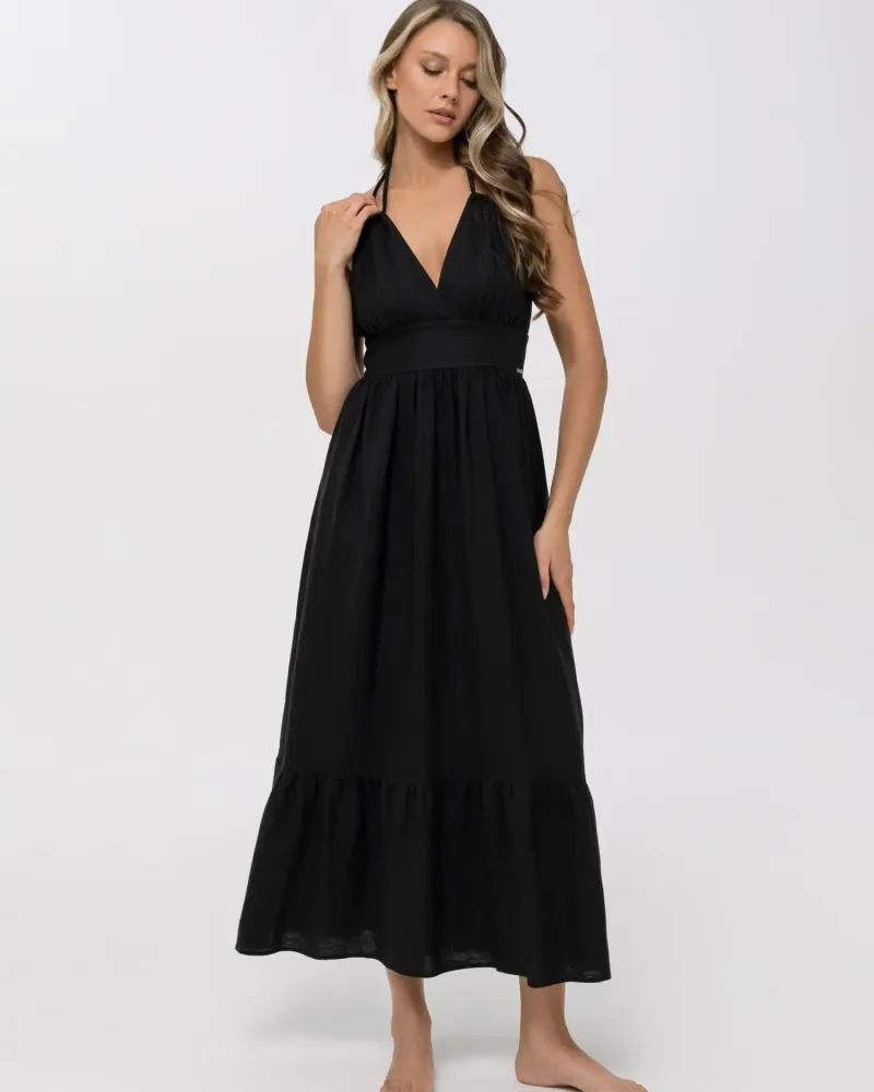 Елегантна ленена дълга рокля в черен цвят Shiny Linen