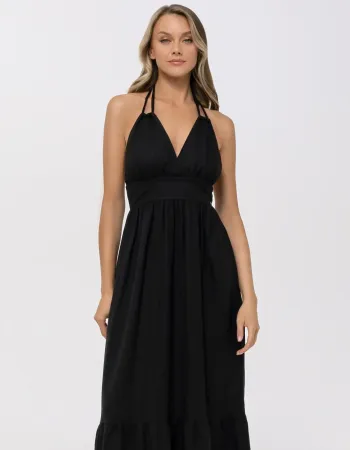 Елегантна ленена дълга рокля в черен цвят Shiny Linen