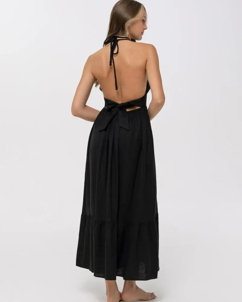 Елегантна ленена дълга рокля в черен цвят Shiny Linen