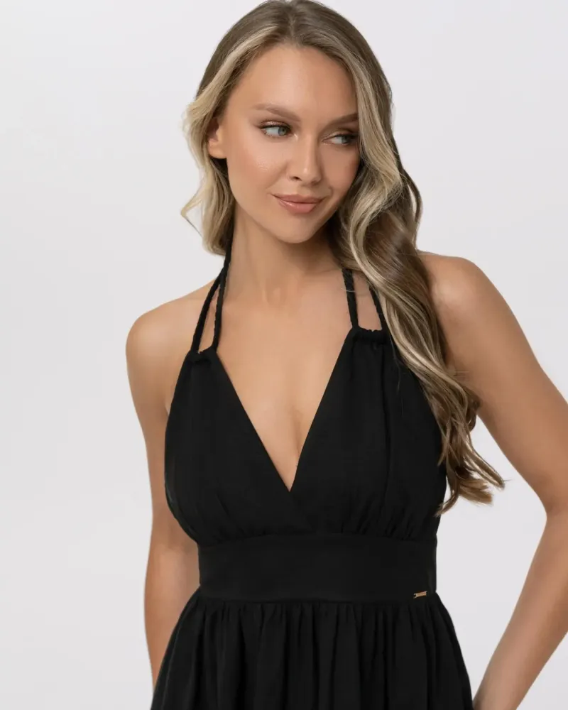 Елегантна ленена дълга рокля в черен цвят Shiny Linen