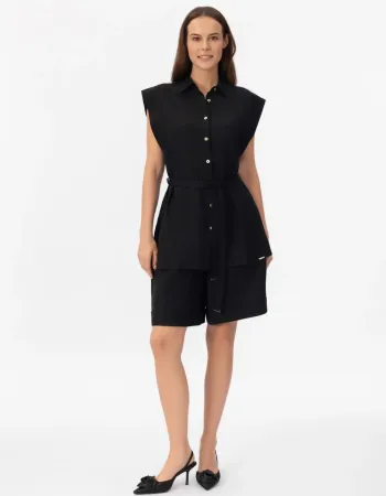 Къси ленени панталони в черен цвят Shiny Linen