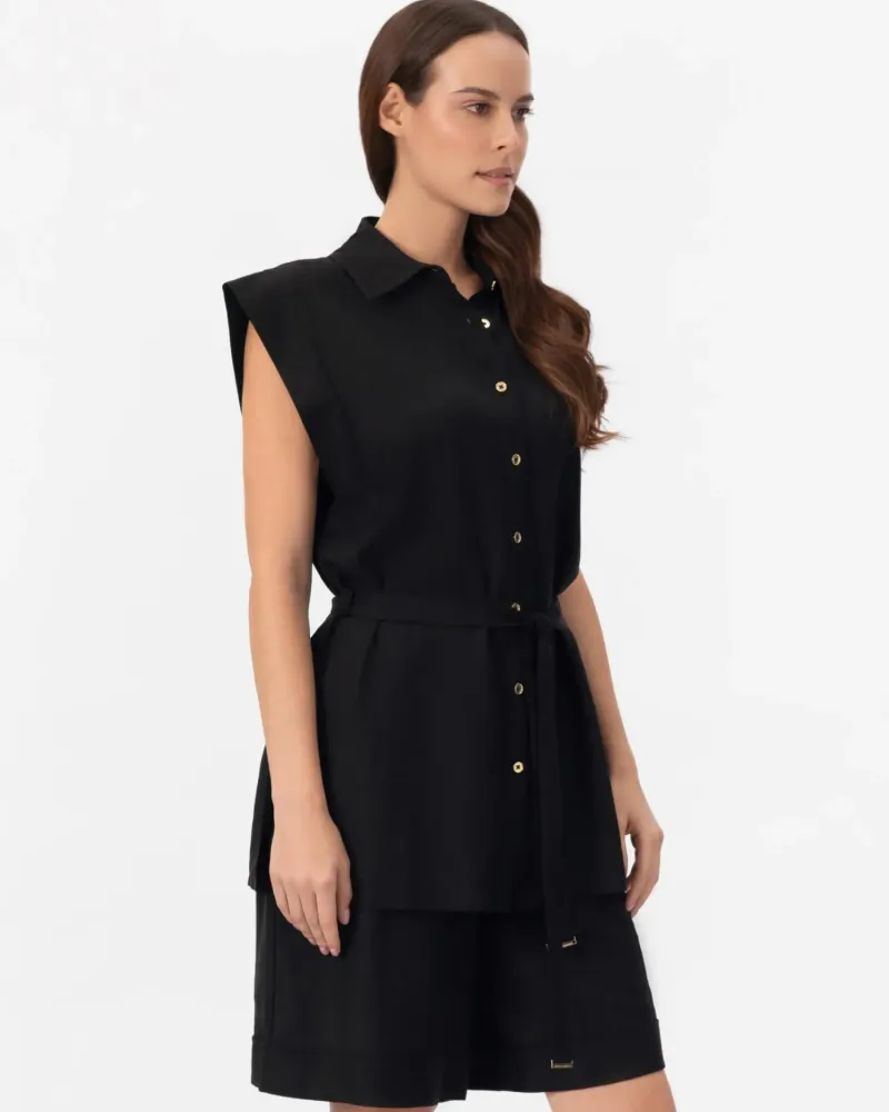 Къси ленени панталони в черен цвят Shiny Linen