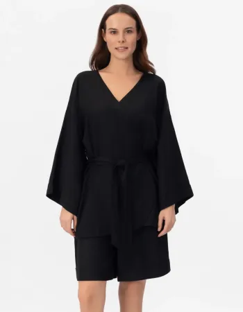 Късо ленено кимоно в черен цвят Shiny Linen