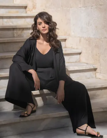 Късо ленено кимоно в черен цвят Shiny Linen