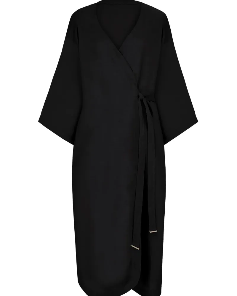 Дълго ленено кимоно в черен цвят Shiny Linen