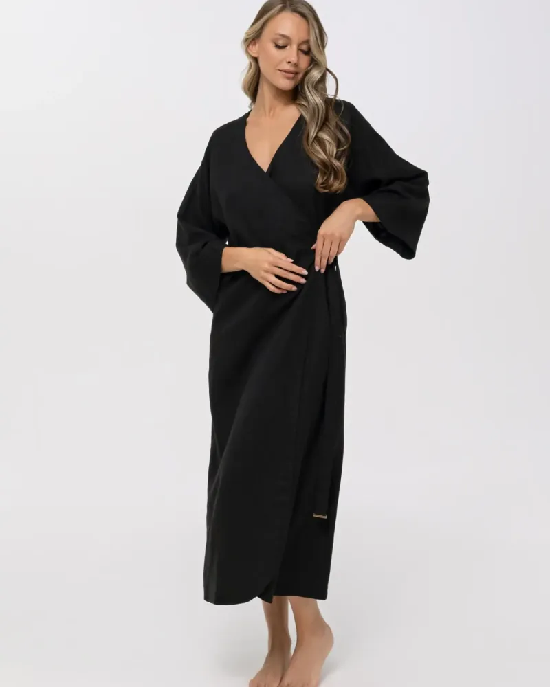 Дълго ленено кимоно в черен цвят Shiny Linen