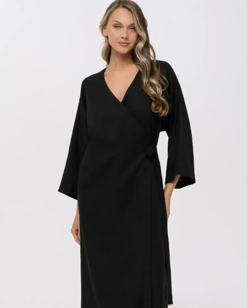 Дълго ленено кимоно в черен цвят Shiny Linen