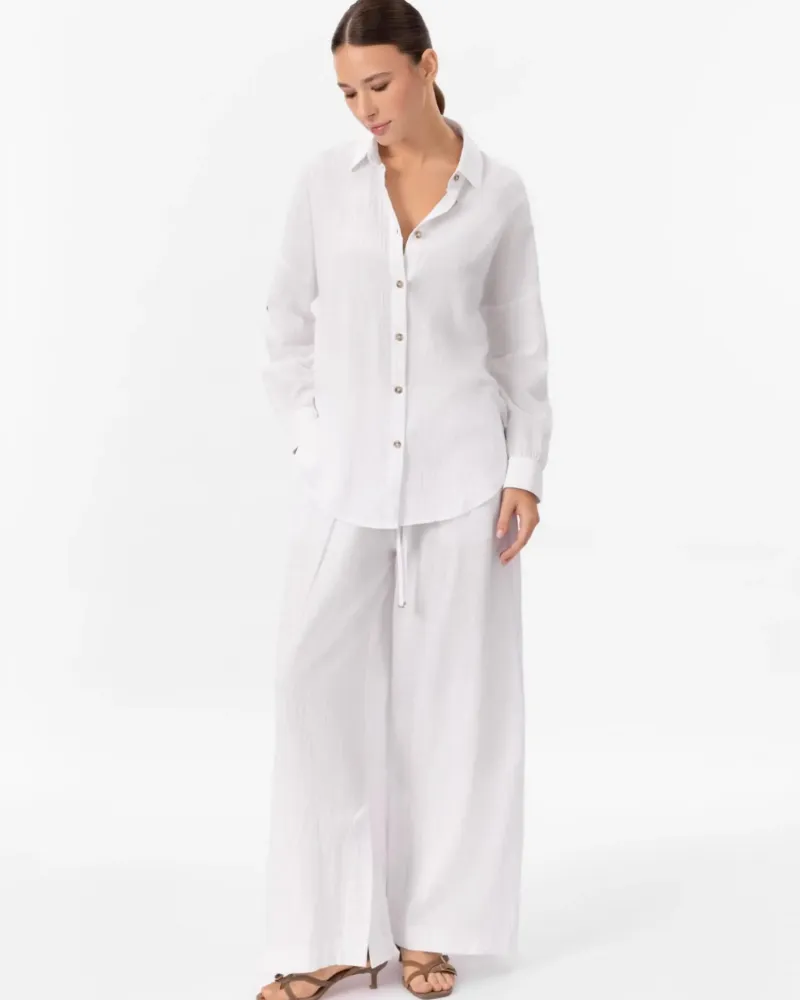 Широк памучен панталон в бял цвят COTTON BREEZE