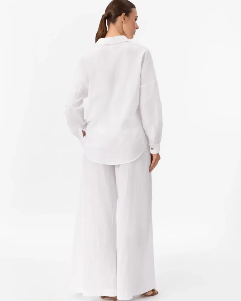 Широк памучен панталон в бял цвят COTTON BREEZE