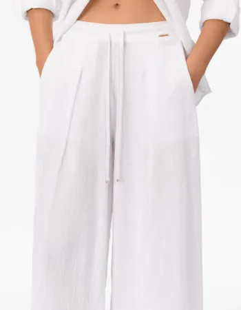 Широк памучен панталон в бял цвят COTTON BREEZE