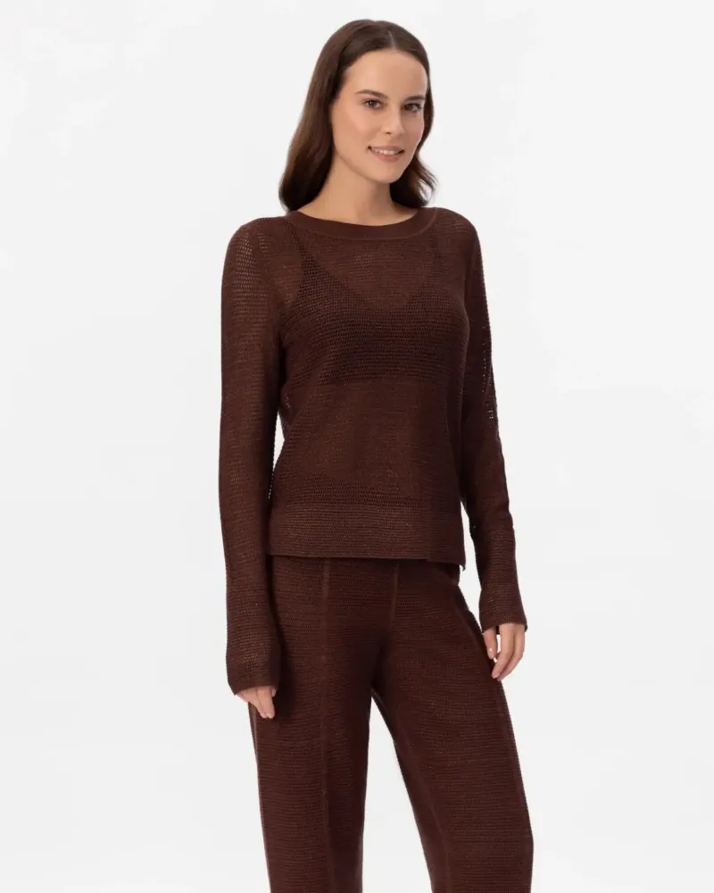 Блуза с дълъг ръкав от памук и коприна в кафяво POETIC DREAMS