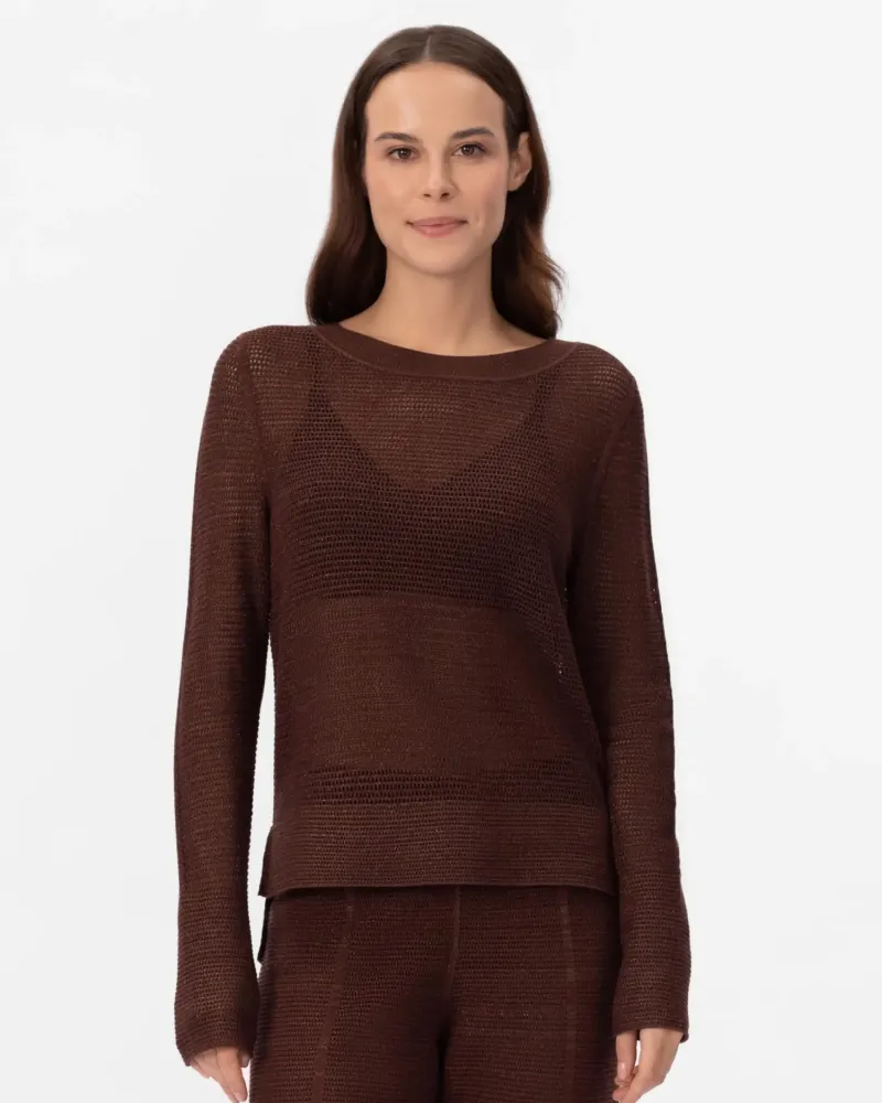 Блуза с дълъг ръкав от памук и коприна в кафяво POETIC DREAMS