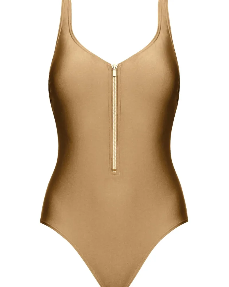 Цял бански в златен нюанс Zipper