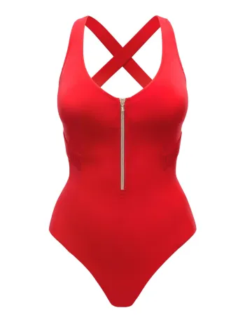 Цял бански в червен цвят Zipper